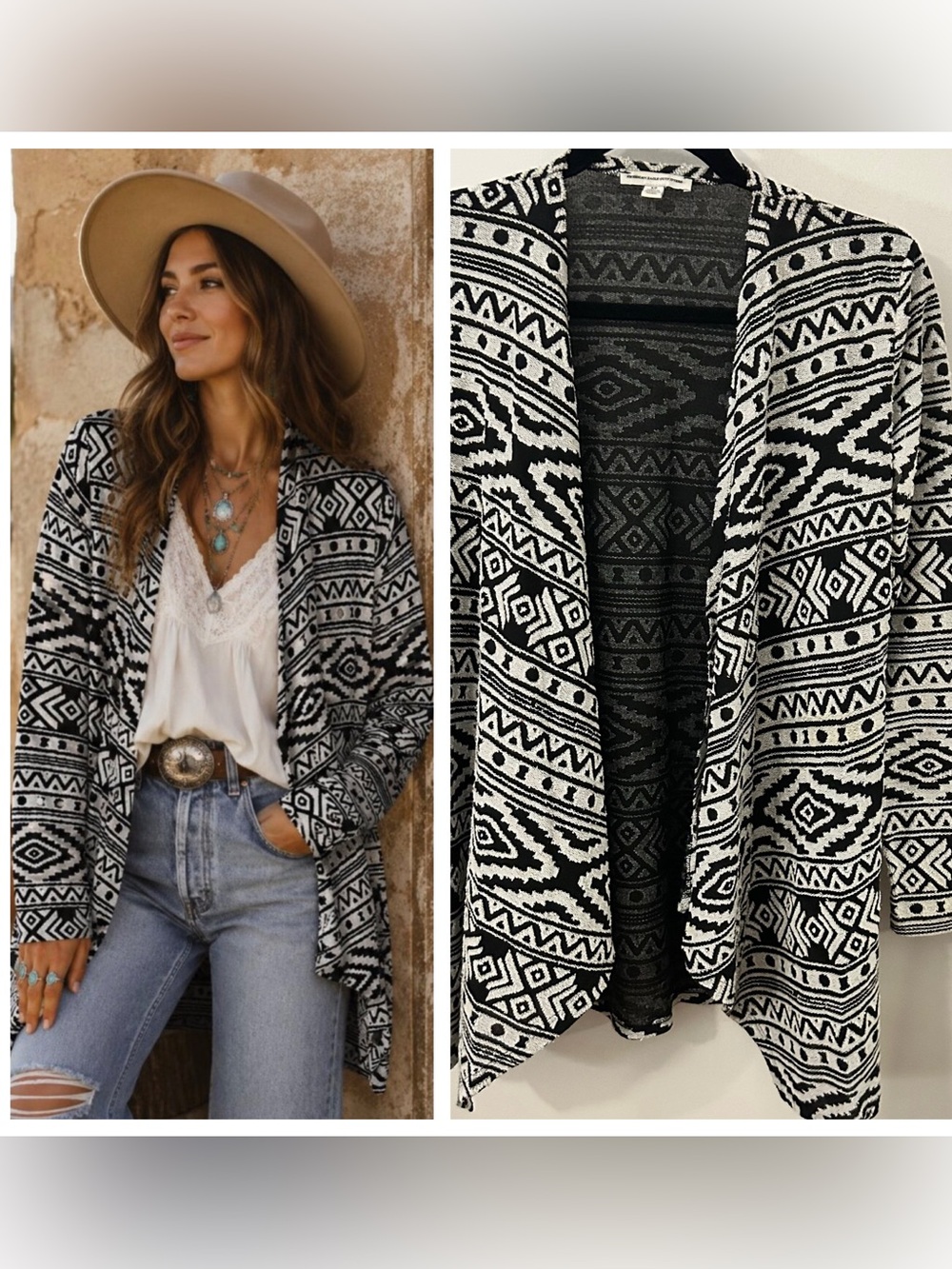 American Eagle Women’s Open Cardigan Sweater White Black Lightweight Aztec Small